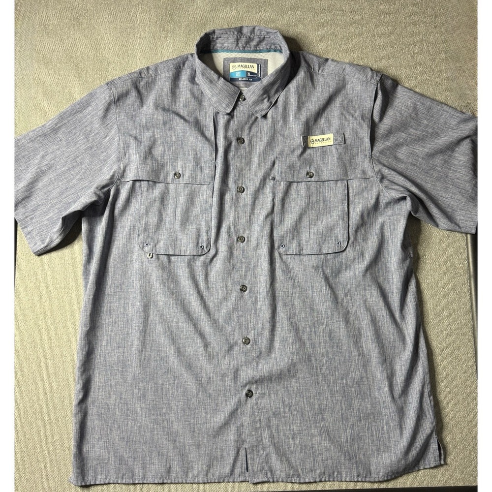 Magellan Fish Gear Shirt Mens XL Blue Fishing Button Up Vented Moisture Wicking